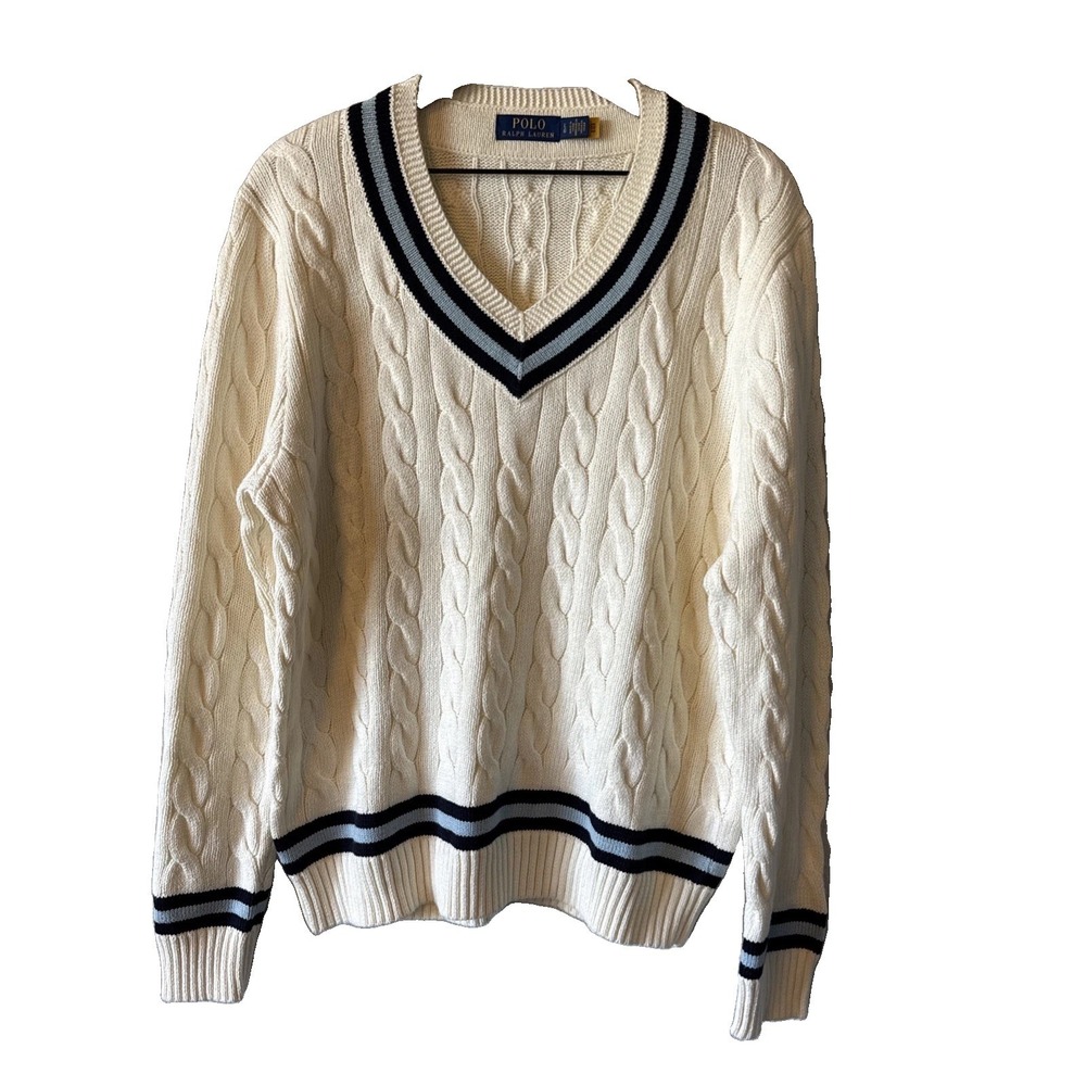 Polo Ralph Lauren VTG Varsity Cricket V Neck Cable Knit Men's Sweater Size Large